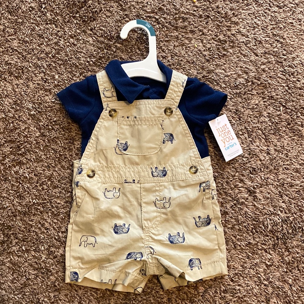Baby Boy Elephant Navy Blue & Khaki Overalls - just one you - Size 3 months